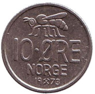 Монета 10 эре. 1973 год, Норвегия. Пчела. Монета 10 эре. 1973 год, Норвегия. Пчела.