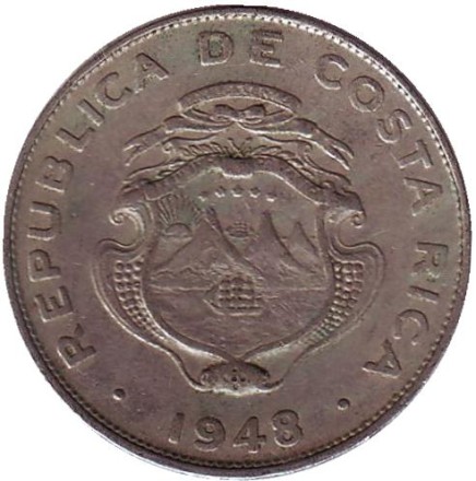 Монета 25 сантимов. 1948 год, Коста-Рика. Монета 25 сантимов. 1948 год, Коста-Рика.