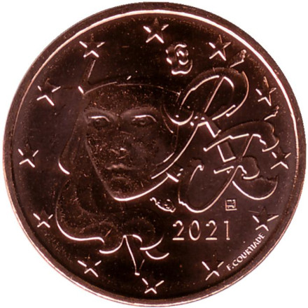 Монета 2 цента. 2021 год, Франция.