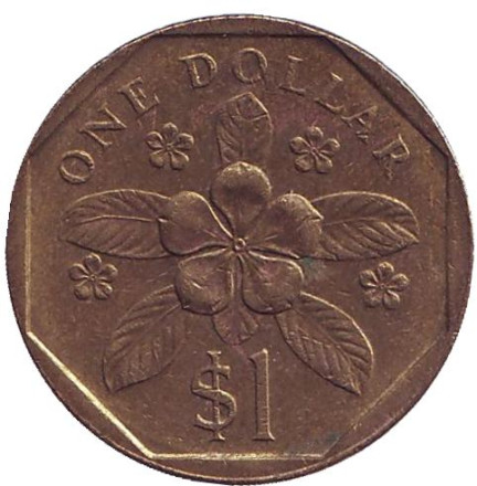 Монета 1 доллар, 1987 год, Сингапур. Барвинок.
