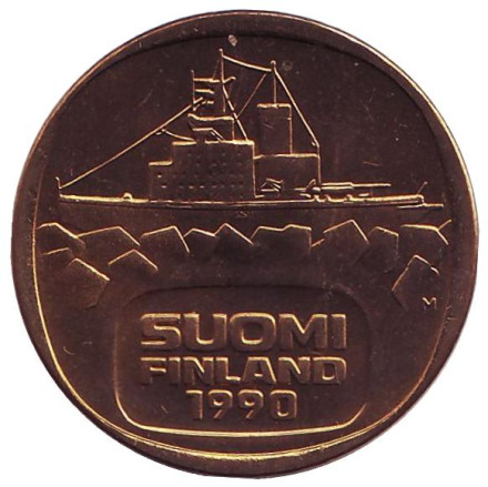 Монета 5 марок. 1990 год, Финляндия. UNC. Ледокол Урхо.