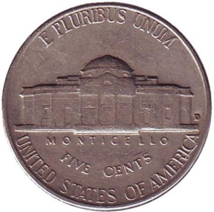 Монета 5 центов. 1963 год (D), США. Джефферсон. Монтичелло.