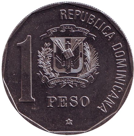 Монета 1 песо. 1989 год, Доминиканская Республика. 500 лет открытию и евангелизации Америки.