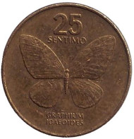 Монета 25 сентимо. 1993 год, Филиппины. Бабочка. Монета 25 сентимо. 1993 год, Филиппины. Бабочка.