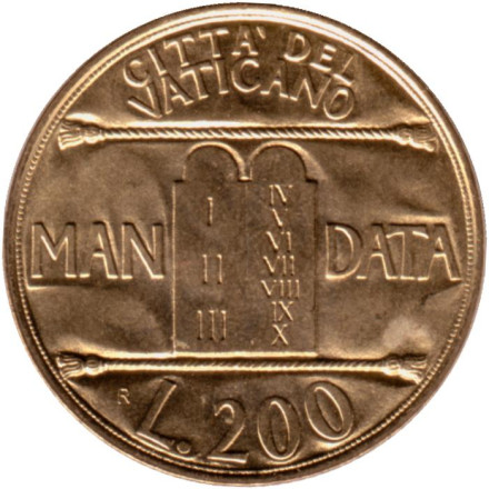 Монета 200 лир. 1993 год, Ватикан. 10 заповедей.