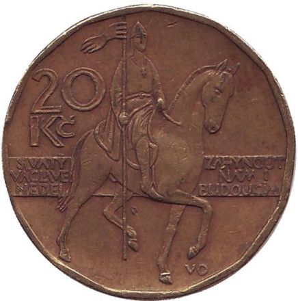 Монета 20 крон. 2002 год, Чехия. Всадник (Святой Вацлав).