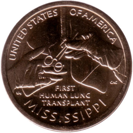 Монета 1 доллар. 2023 год (D), США. Первая трансплантация легких человеку. Серия "Американские инновации".