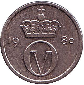 Монета 10 эре. 1980 год (AB*), Норвегия. Монета 10 эре. 1980 год (AB*), Норвегия.