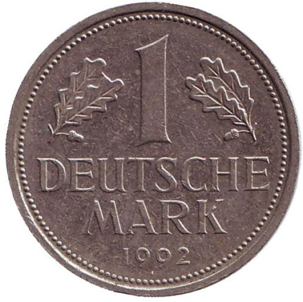 Монета 1 марка. 1992 год (A), ФРГ. Из обращения.