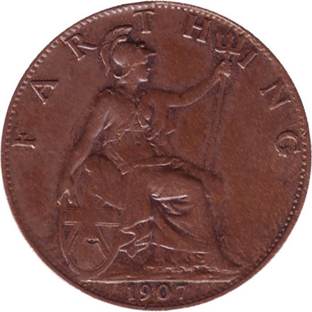 Монета 1 фартинг. 1907 год, Великобритания.