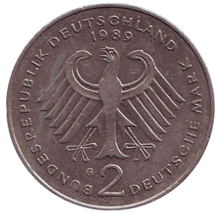Монета 2 марки. 1989 год (G), ФРГ. Людвиг Эрхард.