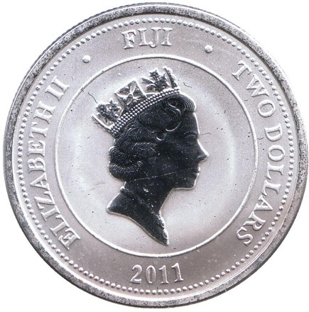 Монета 2 доллара. 2011 год, Фиджи. Черепаха. Монета 2 доллара. 2011 год, Фиджи. Черепаха.
