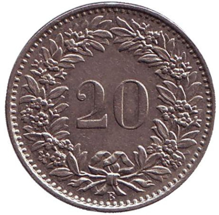 Монета 20 раппенов. 1967 год, Швейцария.