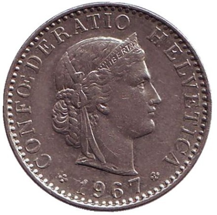 Монета 20 раппенов. 1967 год, Швейцария. Монета 20 раппенов. 1967 год, Швейцария.