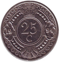 Монета 25 центов. 1994 год, Нидерландские Антильские острова. Цветок апельсинового дерева. Монета 25 центов. 1994 год, Нидерландские Антильские острова. Цветок апельсинового дерева.