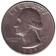 Монета 25 центов. 1985 (D) год, США. Вашингтон. Монета 25 центов. 1985 (D) год, США. Вашингтон.