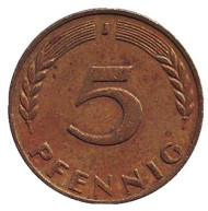 Монета 5 пфеннигов. 1969 год (J), ФРГ. Дубовые листья. Монета 5 пфеннигов. 1969 год (J), ФРГ. Дубовые листья.