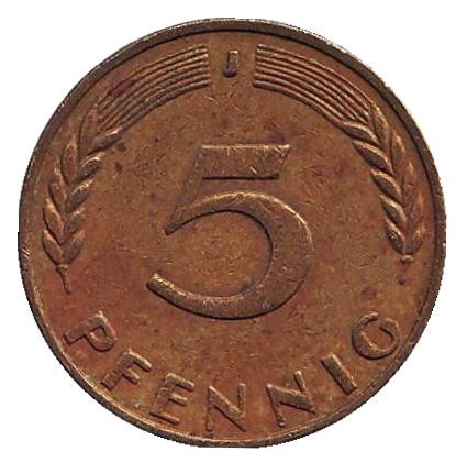 Монета 5 пфеннигов. 1969 год (J), ФРГ. Дубовые листья.