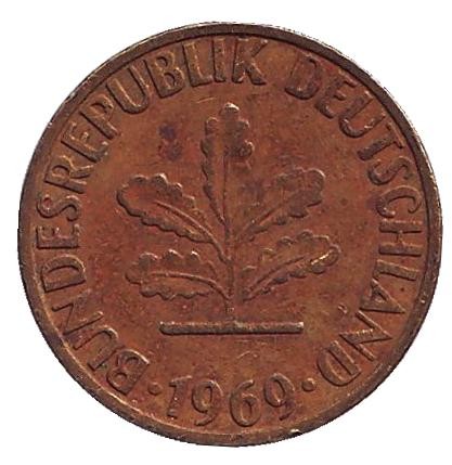 Монета 5 пфеннигов. 1969 год (J), ФРГ. Дубовые листья. Монета 5 пфеннигов. 1969 год (J), ФРГ. Дубовые листья.