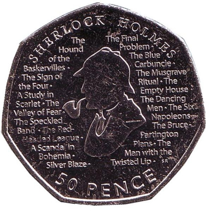Монета 50 пенсов. 2019 год, Великобритания. Шерлок Холмс.