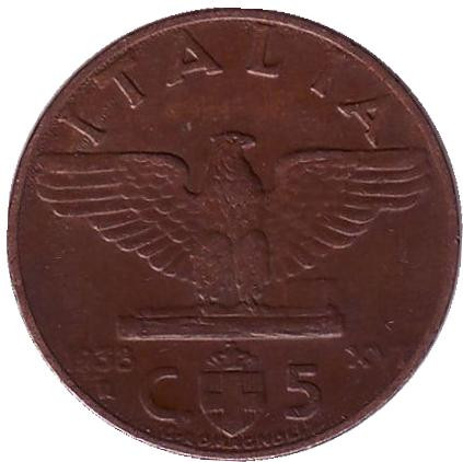Монета 5 чентезимо. 1938 год, Италия. Орёл. Виктор Эммануил III.