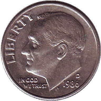 Монета 10 центов. 1986 (D) год, США. Рузвельт.