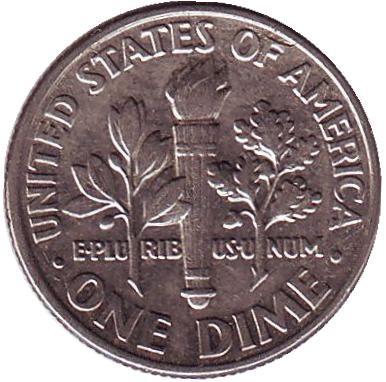 Монета 10 центов. 1986 (D) год, США. Рузвельт.