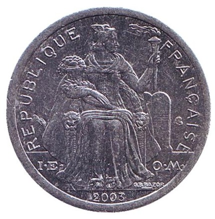 Монета 1 франк. 2003 год, Новая Каледония. Птица кагу. Монета 1 франк. 2003 год, Новая Каледония. Птица кагу.