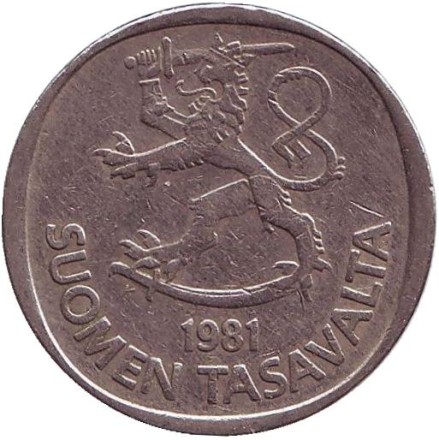 Монета 1 марка. 1981 год, Финляндия.