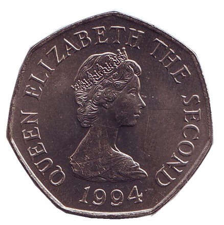 Монета 50 пенсов. 1994 год, Джерси. Замок Гросне. Монета 50 пенсов. 1994 год, Джерси. Замок Гросне.