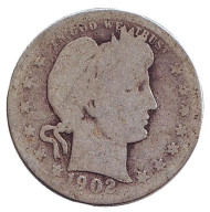 Монета 25 центов. 1902 год, США. (Без отметки монетного двора) "Четверть доллара Барбера". Монета 25 центов. 1902 год, США. (Без отметки монетного двора) "Четверть доллара Барбера".