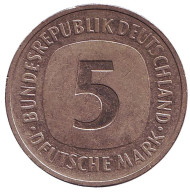Монета 5 марок. 1990 год (J), ФРГ. Монета 5 марок. 1990 год (J), ФРГ.