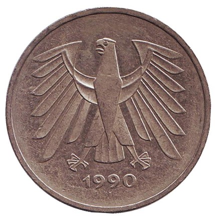 Монета 5 марок. 1990 год (J), ФРГ. Монета 5 марок. 1990 год (J), ФРГ.