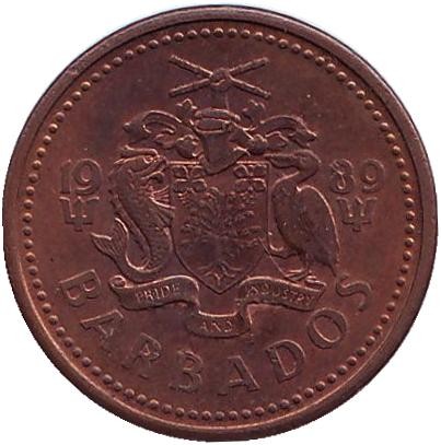 Монета 1 цент. 1989 год, Барбадос.