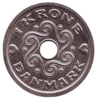 Монета 1 крона. 2004 год, Дания. Монета 1 крона. 2004 год, Дания.