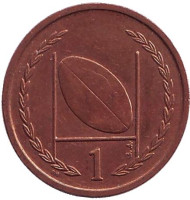 Мяч для регби. 1 пенни, 1998 год, Остров Мэн. (Отметка на аверсе "Трискелион") Мяч для регби. 1 пенни, 1998 год, Остров Мэн. (Отметка на аверсе "Трискелион")