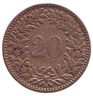 Монета 20 раппенов. 1859 год, Швейцария. Монета 20 раппенов. 1859 год, Швейцария.