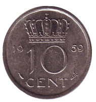 Монета 10 центов. 1959 год, Нидерланды. Монета 10 центов. 1959 год, Нидерланды.