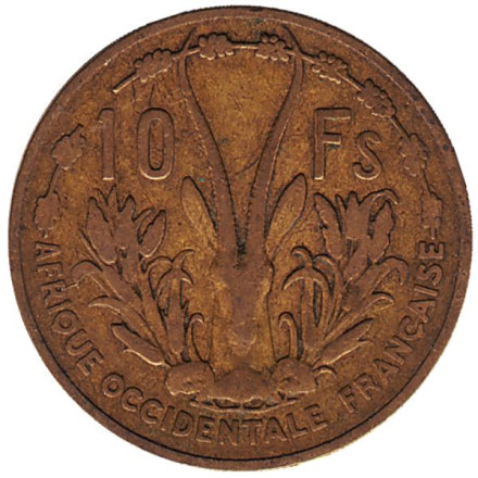 Монета 10 франков. 1956 год, Французская Западная Африка. Из обращения. Газель.