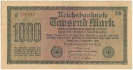 Рейхсбанкнота 1000 марок. 1922 год, Веймарская республика. Жёлтая бумага. Водяной знак - шипы. Серийный номер - Буква, шесть цифр (красные,маленькие), две буквы. Тип 76d. Рейхсбанкнота 1000 марок. 1922 год, Веймарская республика. Жёлтая бумага. Водяной знак - шипы. Серийный номер - Буква, шесть цифр (красные,маленькие), две буквы. Тип 76d.