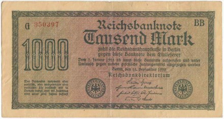 Рейхсбанкнота 1000 марок. 1922 год, Веймарская республика. Жёлтая бумага. Водяной знак - шипы. Серийный номер - Буква, шесть цифр (красные,маленькие), две буквы. Тип 76d.