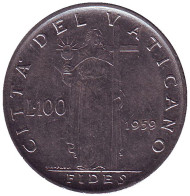 Монета 100 лир. 1959 год, Ватикан. Фигура Веры с крестом. Монета 100 лир. 1959 год, Ватикан. Фигура Веры с крестом.