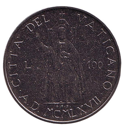 Монета 100 лир. 1967 год, Ватикан. Апостол Пётр.