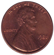 Монета 1 цент. 1981 год (P), США. Линкольн. Монета 1 цент. 1981 год (P), США. Линкольн.