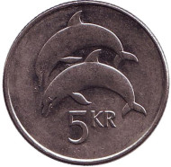 Монета 5 крон. 2005 год, Исландия. Дельфины. Монета 5 крон. 2005 год, Исландия. Дельфины.