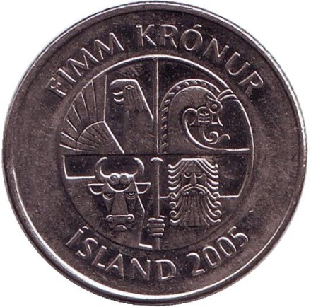 Монета 5 крон. 2005 год, Исландия. Дельфины.