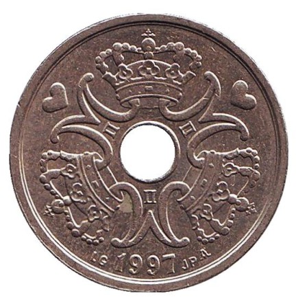 Монета 2 кроны. 1997 год, Дания. Монета 2 кроны. 1997 год, Дания.