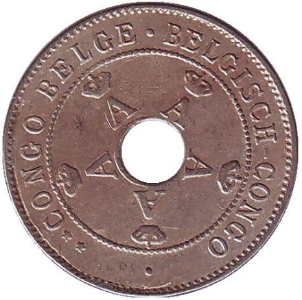 Монета 10 сантимов. 1911 год, Бельгийское Конго.