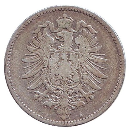 Монета 1 марка. 1881 год (A), Германская империя. Монета 1 марка. 1881 год (A), Германская империя.
