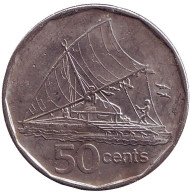 Монета 50 центов. 2009 год, Фиджи. Из обращения. Фиджийское каноэ Такиа (Каунитони). Монета 50 центов. 2009 год, Фиджи. Из обращения. Фиджийское каноэ Такиа (Каунитони).